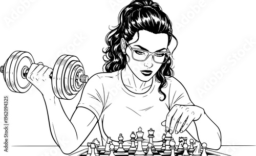 Black and white line art illustration of a young woman with glasses playing chess, focused female strategist thinking over a move on a chessboard isolated on white.