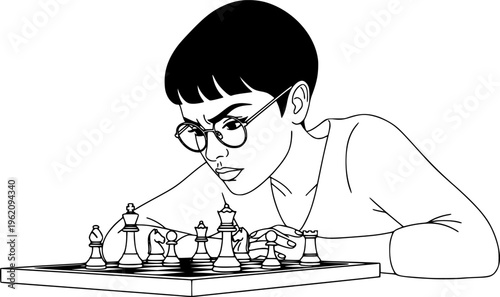 Black and white line art illustration of a young woman with glasses playing chess, focused female strategist thinking over a move on a chessboard isolated on white.