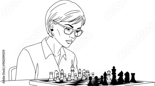 Black and white line art illustration of a young woman with glasses playing chess, focused female strategist thinking over a move on a chessboard isolated on white.