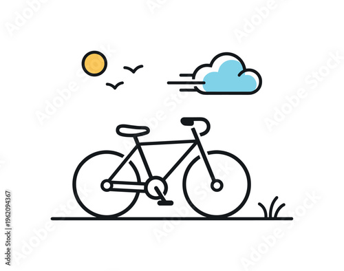 Light outdoor relaxation and enjoying fresh air during short leisure breaks in everyday lifestyle, a minimal bicycle combined with a small cloud icon symbolizing freedom, movement