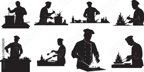 Dynamic vector collection of professional chef silhouettes actively engaged in diverse culinary tasks, from preparation to plating, ideal for restaurant and kitchen-themed graphic designs