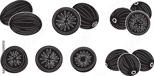 A set of monochrome graphic illustrations depicting whole and halved nutmeg fruits, highlighting their distinct internal patterns and natural textures, suitable for culinary designs
