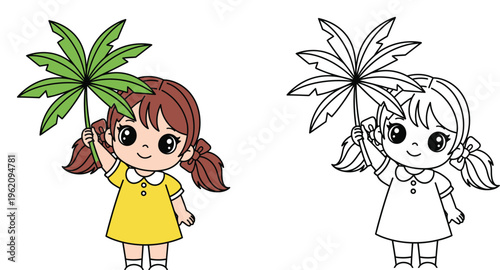 Cute Girl Holding a Palm Leaf - Symbol of Palm Sunday and Spring Celebration