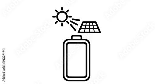 Eco friendly solar powered battery, renewable energy icon, sustainable power symbol, green technology logo