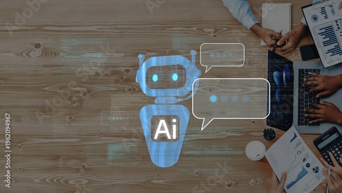 Bild auf Leinwand This contemporary image features a robot graphic symbolizing artificial intelligence, set in a collaborative office environment with individuals immersed in technology and discussion