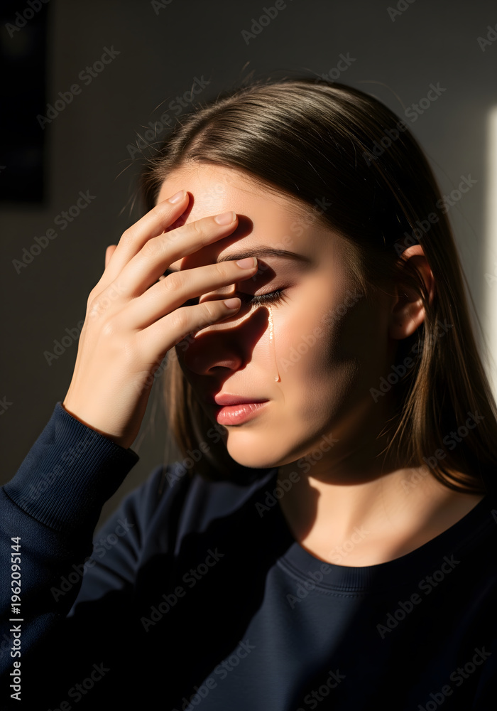 Fototapeta premium Young Woman Crying with Hand on Forehead in Dramatic Light