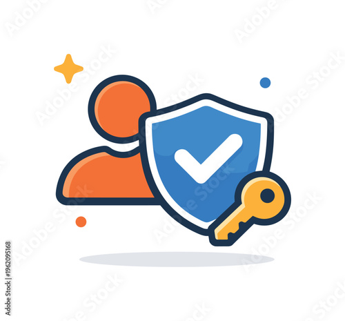 Digital identity verification and secure access control focused on protecting user accounts and sensitive information, a user profile icon combined with a shield and a small key