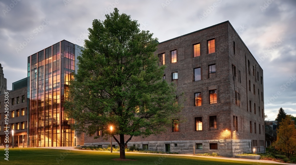 Obraz premium University building with illuminated windows and tree on lawn