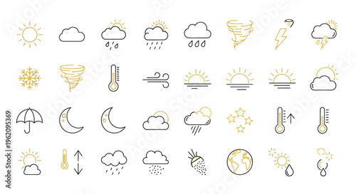 Comprehensive collection of weather forecast icons depicting various meteorological conditions.