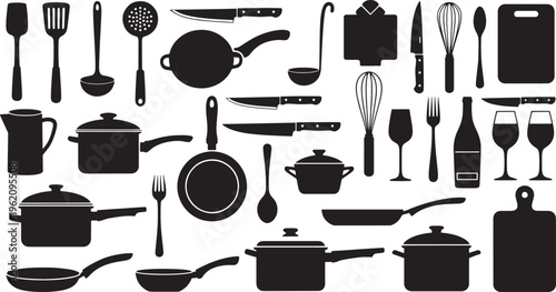 Extensive collection of essential kitchen utensils and cookware silhouettes, a versatile graphic asset for culinary themed designs and cooking related projects