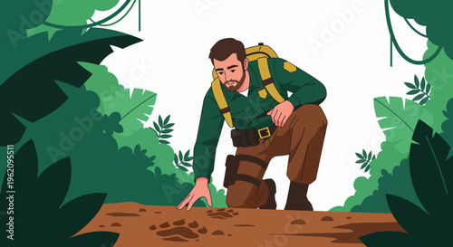 Illustration of a ranger planting a sapling in a lush forest with a shovel and backpack, surrounded by dense foliage and trees.