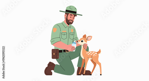A park ranger kneeling and gently interacting with a young deer against a clean white background with a friendly and approachable mood.