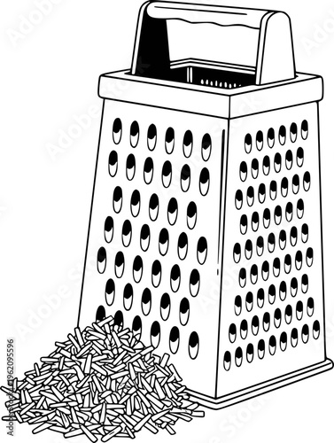 Black and white line of a metal box grater with a pile of grated cheese food kitchen