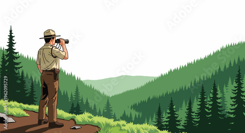 A park ranger uses binoculars to observe the scenic view of a lush green forest and mountain range on a sunny day.