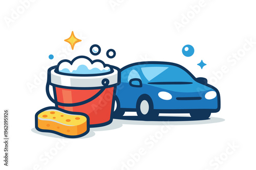 Weekend car washing routine influenced by everyday maintenance culture and personal pride in vehicle care, a bucket paired with a sponge and a simple car silhouette representing
