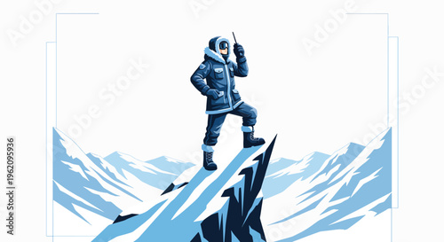 Illustration of a park ranger standing triumphantly on a glacier peak with a majestic mountain range in the background, wearing a uniform and holding a hand up in a victorious gesture.