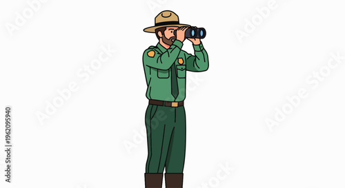 A park ranger in a green uniform and hat uses binoculars with a plain white background.