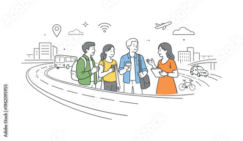 A daily urban life situation where people commute and interact within structured road networks that support transportation and accessibility, illustrated by a small group gathered
