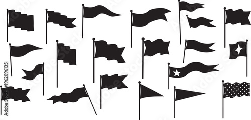 Diverse Collection of Black Flag and Banner Silhouettes in Various Shapes, Ideal for Graphic Design Elements, Celebratory Occasions, or Promotional Accents