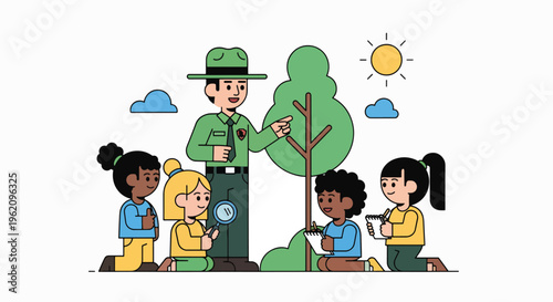 A smiling park ranger teaches children about a small tree in a sunny outdoor setting with diverse kids and educational tools.