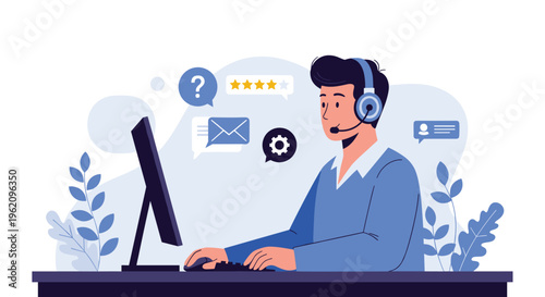 Professional customer support service representative wearing a headset and working on a computer to provide help, assistance, and online communication.