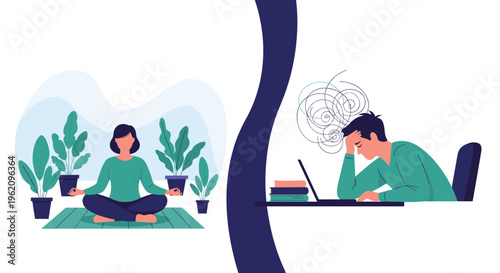 Comparison between a woman practicing yoga meditation for mental health and a stressed man suffering from work pressure and headaches at his desk.
