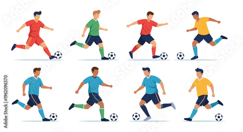 Set of soccer players in various dynamic action poses like kicking, running, and dribbling the ball for sports and athletic competition concepts.