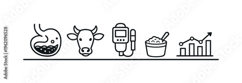 Veterinary rumen health monitoring and digestion assessment for optimized feed efficiency and metabolic balance in ruminant livestock, rumen stomach icon, cow head, pH meter, feed
