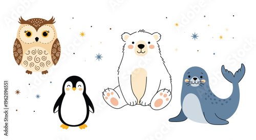 Collection of cute arctic animals including a brown owl, a small penguin, a sitting polar bear, and a blue seal for children nursery and winter themes.
