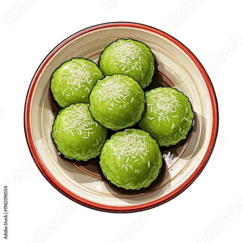 A plate of green klepon coated in grated coconut, soft and chewy rice cakes filled with molten palm sugar, bursting with sweetness in every bite