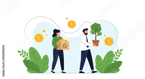 Businesswoman and businessman practicing environmental social governance by donating money for charity and planting a tree for a greener sustainable future.