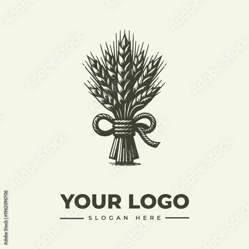 A vintage-style woodcut illustration of a wheat sheaf tied with a ribbon, designed as a customizable logo or icon on a cream background.