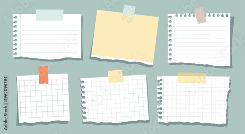 Collection of various torn paper notes and sticky memos attached with adhesive tape on a light blue background for reminders, office tasks, and notes.