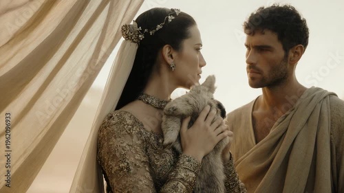 Biblical matriarch Rebekah holding a goat beside her son Jacob. Old Testament scene of plotting the deception of Isaac inside a tent