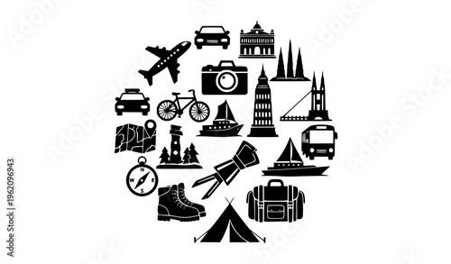 Travel adventure circular icon set with transportation and tourism symbols black silhouette vector illustration