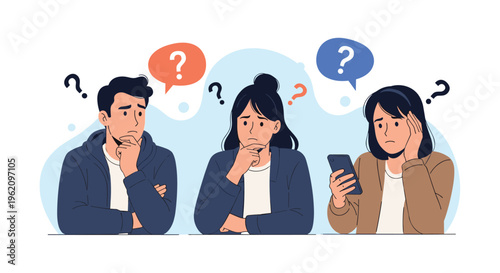 Group of confused people with different expressions and question marks above their heads representing doubt, uncertainty, and the need for answers.