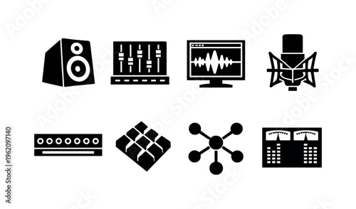 Audio engineering production: studio monitor speaker wedge, mixing console fader bank, waveform editing screen, condenser microphone shock mount, patch bay jack row, acoustic foam