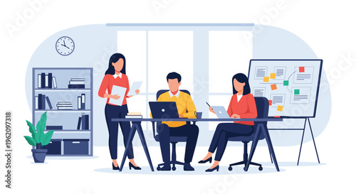 Professional business team working together in a modern office with laptops and a whiteboard for project management, planning, and brainstorming.