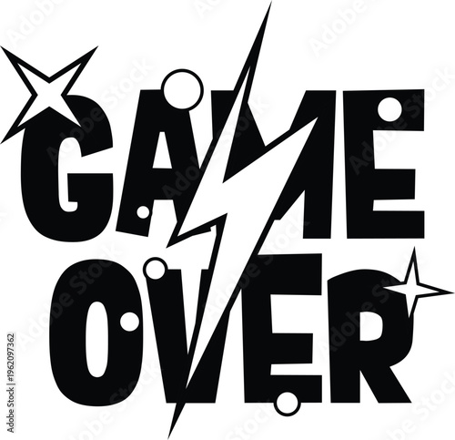A game over sign with a lightning bolt isolated on transparent background
