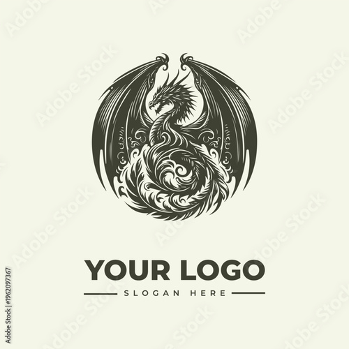 A detailed illustration of a dragon surrounded by swirling waves and floral patterns within a circular logo design with a placeholder for a custom slogan on a plain background.
