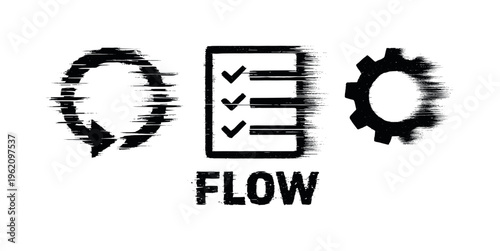 Digital task automation and workflow theme, a set of three glitch-distorted monochrome objects arranged on a perfectly clean white background, each object