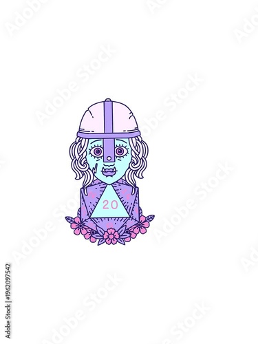 horizontally vibrating animation of Retro Tattoo Style half orc fighter character with natural twenty dice roll