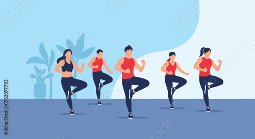 Group of athletic people in sportswear practicing aerobics or fitness dance in a studio for physical exercise, weight loss, and group workout activity.