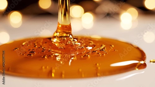 Golden amber liquid flowing onto a bright surface with bokeh lights