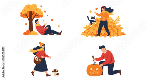 Set of people enjoying autumn season activities such as playing in leaves, picking mushrooms, and carving a pumpkin for a festive fall atmosphere.