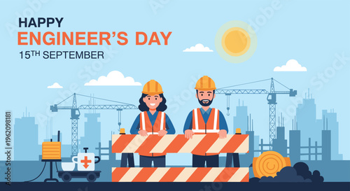Celebration of engineer day featuring male and female construction workers in hard hats and safety vests at a building site with cranes and sun.