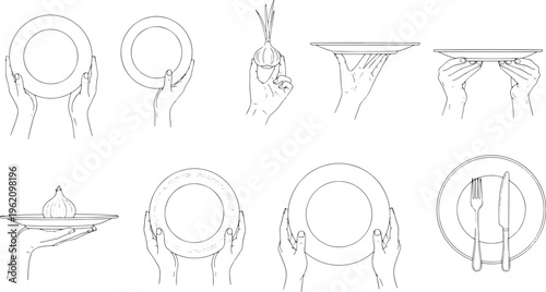 Detailed vector outlines illustrating various hand positions holding plates, serving trays, and presenting culinary ingredients, ideal for menus and hospitality designs