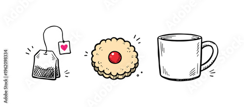 Tea break theme  a horizontal row of 3 related hand-drawn cozy refreshment objects on a white background: a simple teabag with a tiny pink heart tag hanging