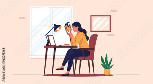 Woman sitting at a desk and looking at a mask that hides her true emotions while working at a computer in a room with a window and indoor plants.