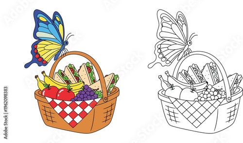 Picnic basket with sandwiches and fruit and a butterfly perched on the handle coloring page illustration color and black outline